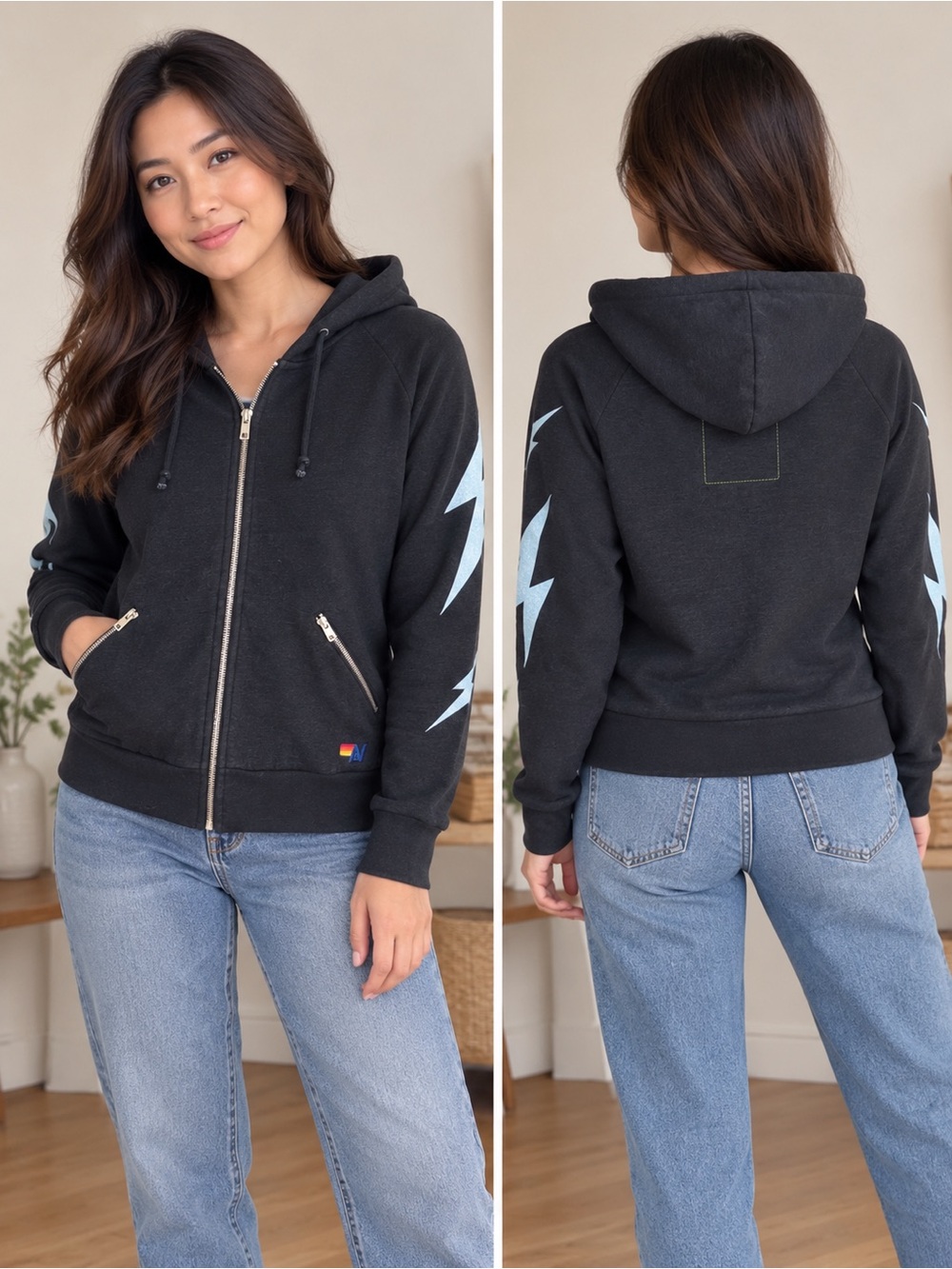 Aviator Nation Black/charcoal Lightning Bolt Full Zip Hoodie